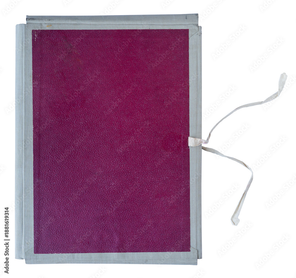 Obraz premium Closed magenta vintage fabric bound folder with ribbon ties and inner document pocket on white