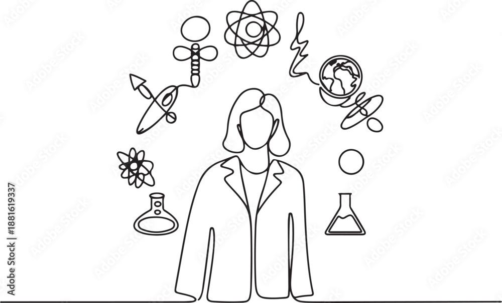 Fototapeta premium Single one line drawing female scientist surrounded by scientific symbols. Symbolizing knowledge.one line vector illustration with out background