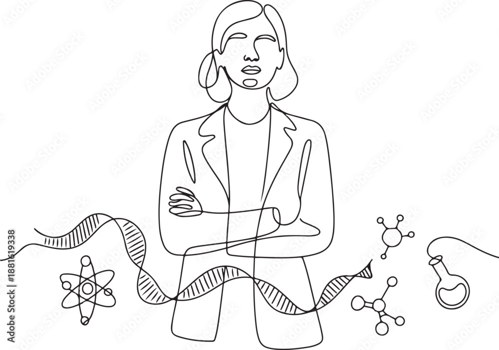 Fototapeta premium Single one line drawing female scientist surrounded by scientific symbols. Symbolizing knowledge.one line vector illustration with out background