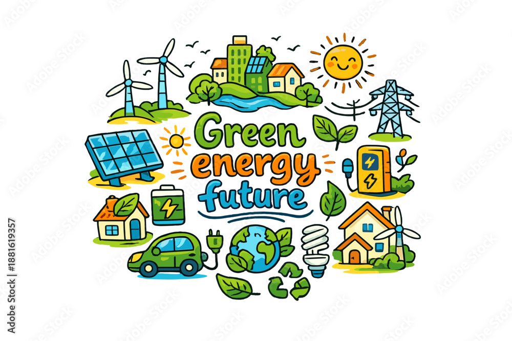 Naklejka premium Green energy future. Hand-drawn doodle illustration of Green energy future. wind turbines, solar panels, green