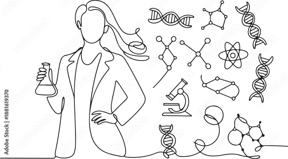 Fototapeta premium Single one line drawing female scientist surrounded by scientific symbols. Symbolizing knowledge.one line vector illustration with out background
