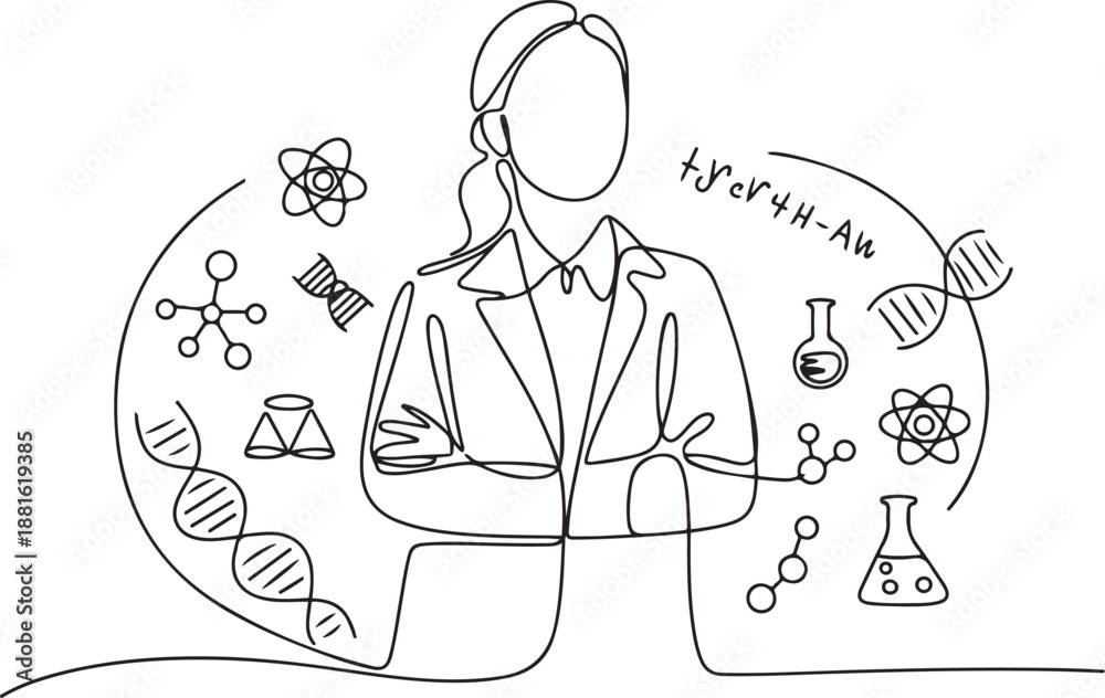 Fototapeta premium Single one line drawing female scientist surrounded by scientific symbols. Symbolizing knowledge.one line vector illustration with out background