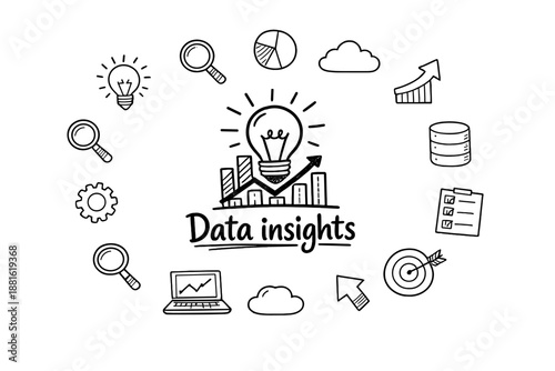 Data insights. Hand-drawn doodle illustration of Data insights. In the middle, one slightly