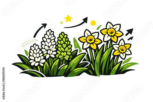 Spring Garden Blooms. Garden flowers in bloom. Hyacinths and daffodils rising upward, leaves layering softly,
