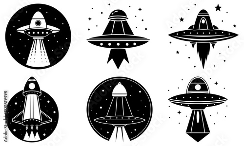 Six Different U F O Silhouettes on a White Background with Stars flying saucer spacecraft