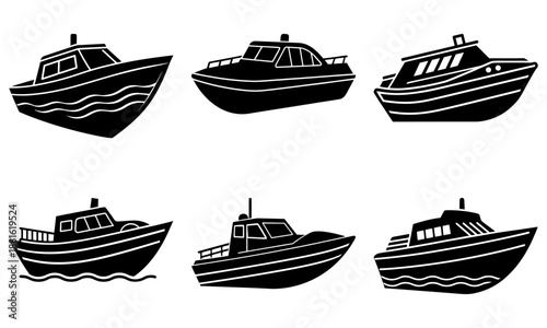 Six Black Silhouette Boats on White Background silhouettes