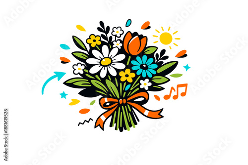 Botanical spring bouquet. Flowers tied together loosely, leaves fanning outward, small petals floating around.