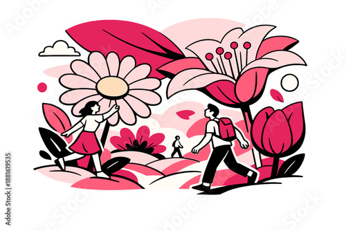Surreal giant bloom garden. Human figures walking among massive blossoms, petals overlapping the sky. Sense of