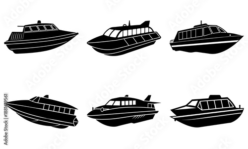 Six black and white speedboat silhouettes on a white background