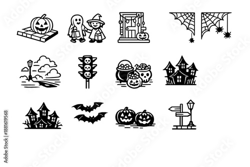Halloween city streets. Line outline icon set of Halloween city streets: jack o lantern sidewalk, trick or