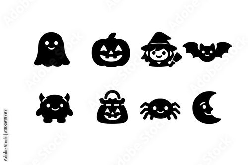Cute Halloween characters. Filled icon set of Cute Halloween characters: smiling ghost, happy pumpkin, cute