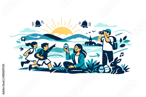 Easter sunrise in countryside. Golden sun rising over rolling hills, soft mist drifting above fields, church