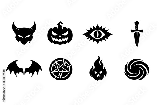 Sinister fantasy Halloween. Filled icon set of Sinister fantasy Halloween: horned mask, cursed pumpkin, abyss