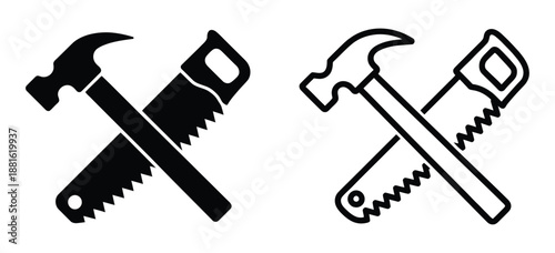 Hand saw and hammer icon set in black and colored version. Hand saw and hammer icon vector for web and mobile app. Symbol isolated.