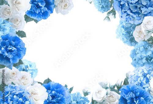 Floral frame with light blue hydrangeas, carnations and white roses. Decorative backdrop