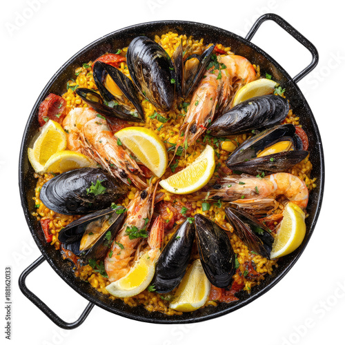 A vibrant seafood paella in a black pan, garnished with lemon slices and parsley