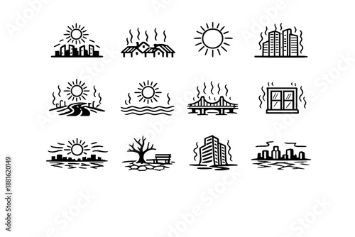 Sun-scorched metropolis. Line outline icon set of Sun-scorched metropolis: blazing skyline, scorched rooftops,