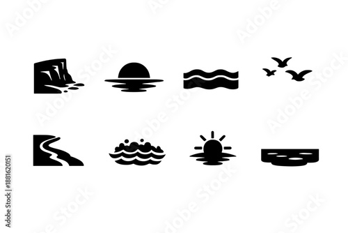 Summer coastline sunset. Filled icon set of Summer coastline sunset: coastal cliff, sinking sun, wide ocean,