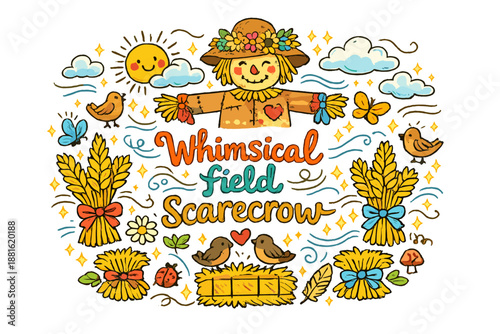 Whimsical Scarecrow Scene. Whimsical field scarecrow. Hand-drawn doodle illustration of Whimsical field