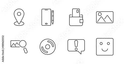 Digital tool and content set icon. Pin on base, phone with pen, wallet with card, landscape, image search, disc, alert bubble, emoji face drawn in outline for app, photo, and UI themes.