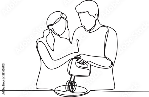 Single continuous line drawing happy romantic couple knead cake dough using manual hand mixer.one line vector illustration with out background