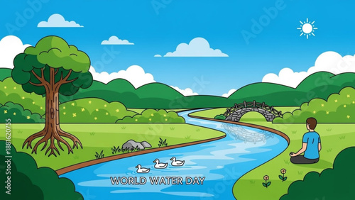 Serene landscape with person meditating by river world water day concept with nature and wildlife