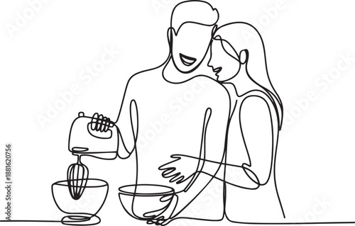 Single continuous line drawing happy romantic couple knead cake dough using manual hand mixer.one line vector illustration with out background