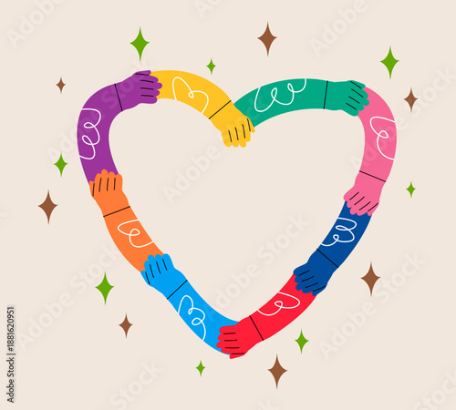 Community and support or helping social concept. Hands holding hands with heart shape. Colorful vector illustration