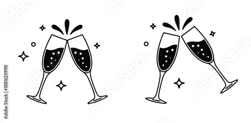 Champagne Toast Vector Illustration with Clinking Glasses. Clinking Glasses Line or feel Icon Set. Wine Toast Champagne Symbol in Black and Blue Color. Celebration Toast Vector Icon Set.