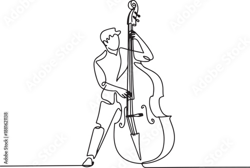 Single one line drawing young male performer playing on contrabass.one line vector illustration with out background