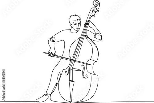 Single one line drawing young male performer playing on contrabass.one line vector illustration with out background