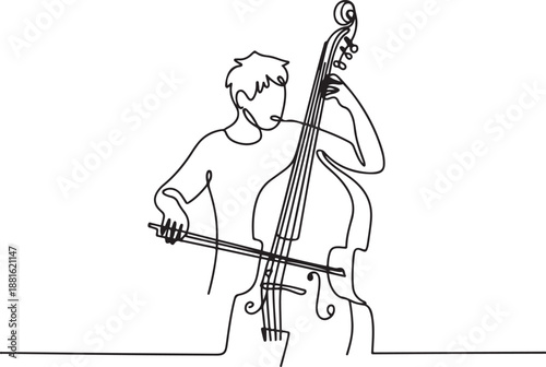 Single one line drawing young male performer playing on contrabass.one line vector illustration with out background