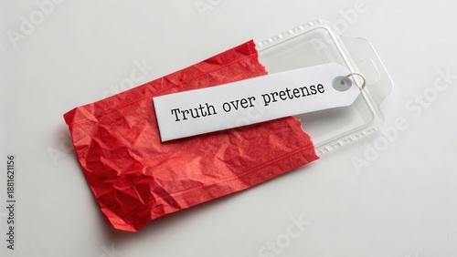 Truth Over Pretence Tag Revealed on Crumpled Red Paper