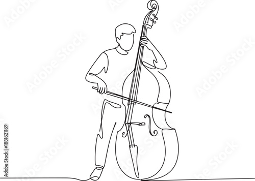 Single one line drawing young male performer playing on contrabass.one line vector illustration with out background