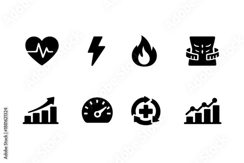 Health and fitness stats. Filled icon set of Health and fitness stats: heart pulse, energy level, burned