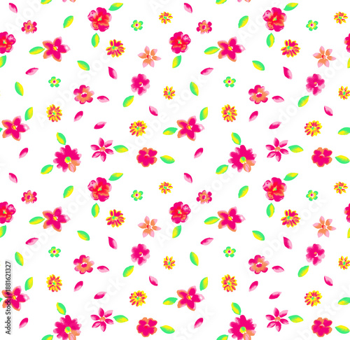 Wallpaper Mural Vibrant Pink and Yellow Floral Pattern on White Background, Hand-Drawn Style Seamless Botanical Print for Summer Torontodigital.ca
