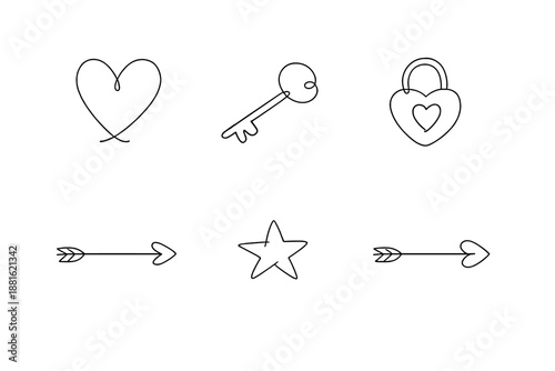 "Valentine’s simple icons". Minimalistic one-line drawing heart, key and lock, arrow and star motifs in