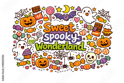 Sweet spooky wonderland. Hand-drawn doodle illustration of Sweet spooky wonderland. candies, pumpkins, ghosts,