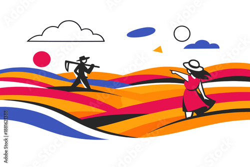 Endless fields abstract landscape. Simplified stripes of gold and amber creating depth and motion, minimalist