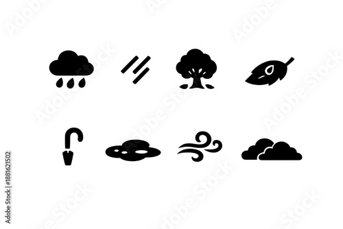 Autumn rainy weather. Filled icon set of Autumn rainy weather: rain cloud, drizzle lines, autumn tree, wet