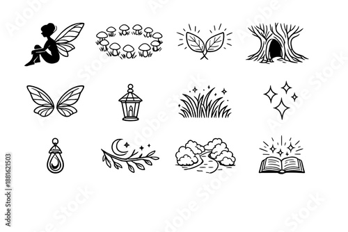 Irish fairy forest. Line outline icon set of Irish fairy forest: fairy silhouette, mushroom
