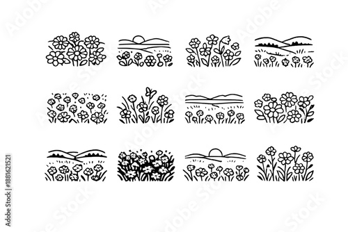 Floral Meadow Icons. Floral meadow landscape. Line outline icon set of Floral meadow landscape: layered