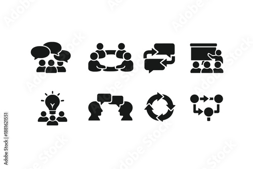Corporate communication. Filled icon set of Corporate communication: team chat bubbles, discussion circle,