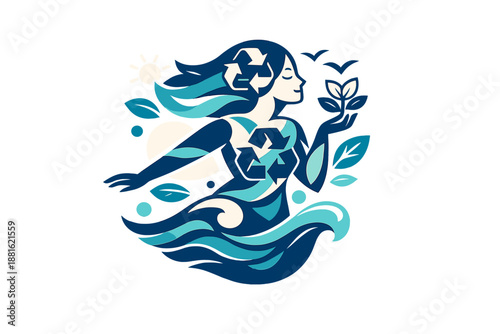 Eco spirit illustration. Stylized woman formed from recycled shapes, leaves, and waves, modern sustainable
