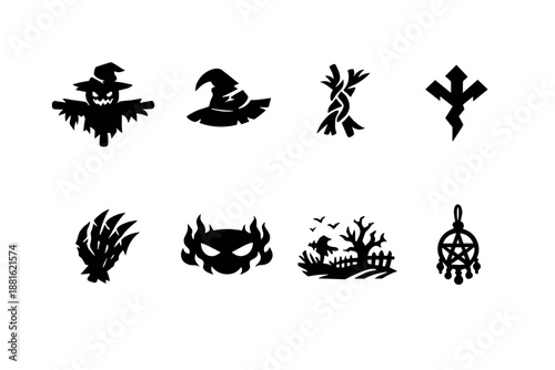 Cursed field scarecrow. Filled icon set of Cursed field scarecrow: cursed scarecrow, broken hat, twisted straw