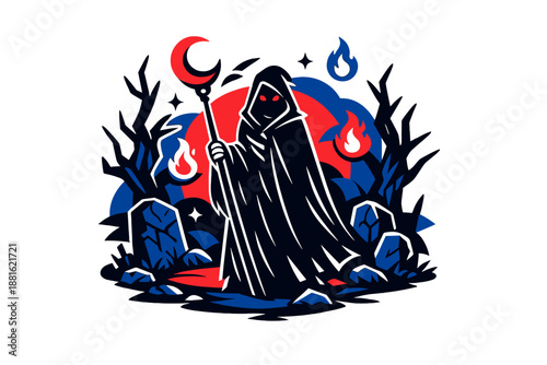 Halloween dark fantasy realm. A cloaked figure standing among twisted trees and ancient stones, ghostly lights