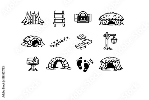 Leprechaun hideaway. Line outline icon set of Leprechaun hideaway: tiny forest door,