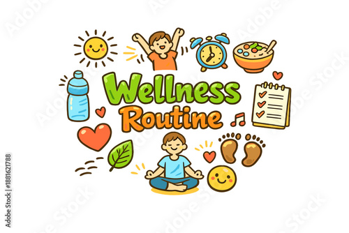 Wellness Routine. Hand-drawn doodle illustration of Wellness Routine. morning sun, alarm clock, stretching