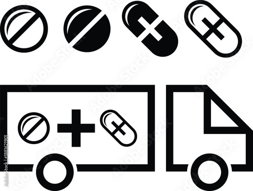 Medical Delivery Truck and Medicine Pill Icons Set.
