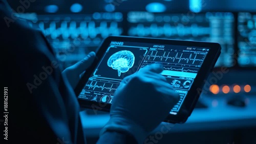 Medical professional's gloved hands analyze a digital tablet showing a 3D brain and neurological data, concept for neuroscience, AI development and medical diagnostics